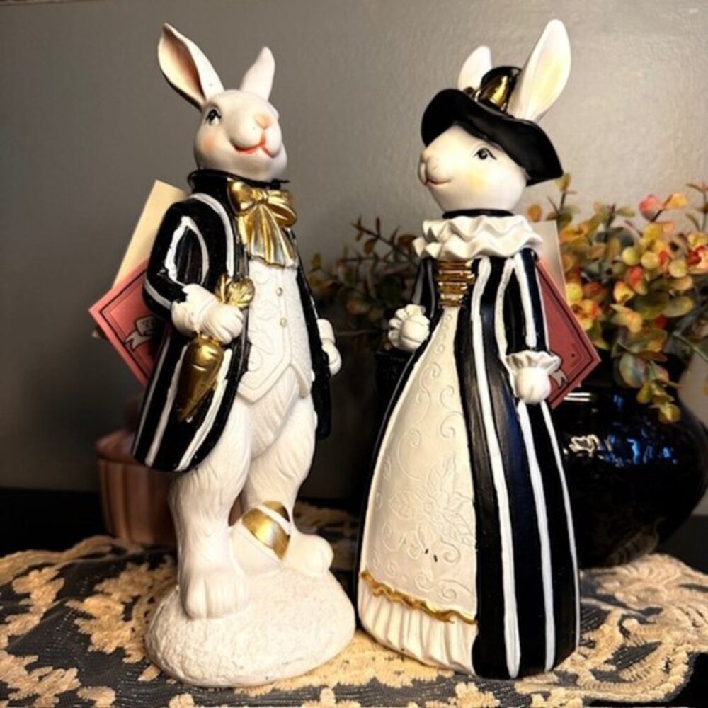 Victorian Bunny Couple Figurine Set Black White Gold Easter Spring Decor NWT